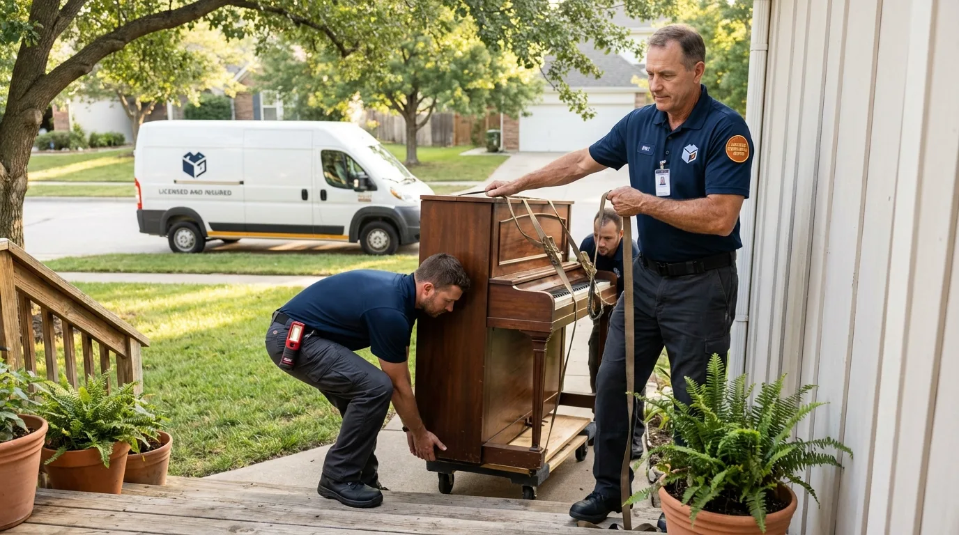 Licensed piano movers securing grand piano in Ridgeland, SC
