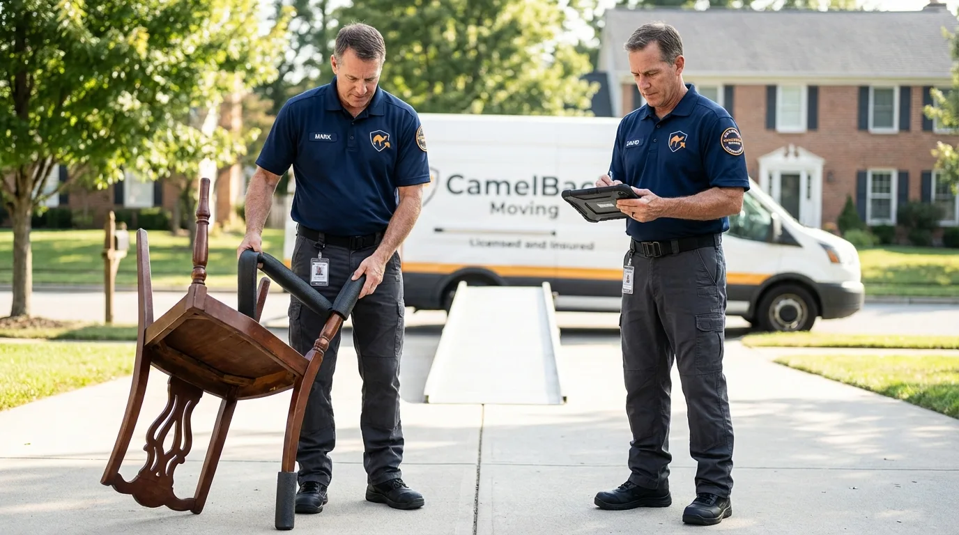 Movers inspecting furniture for damage prevention before loading in Ridgeland, SC