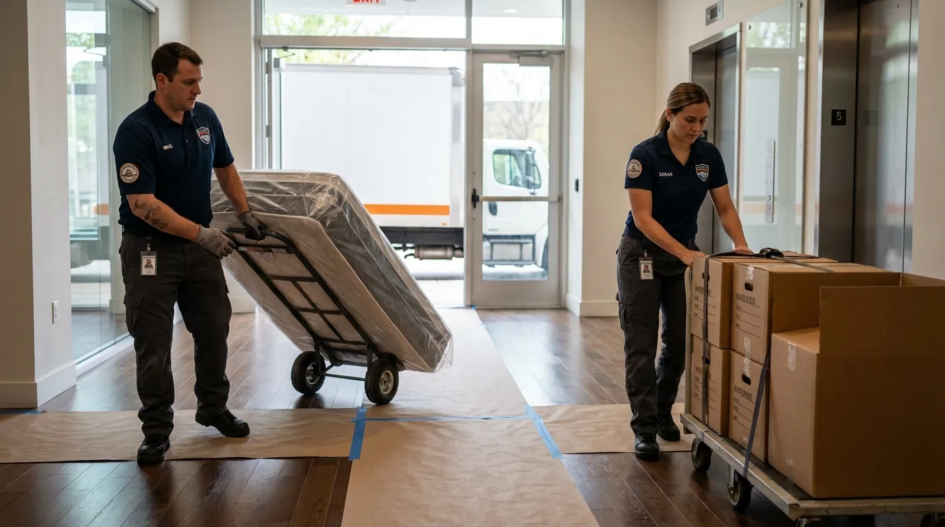 Professional apartment movers loading elevator in Ridgeland, SC