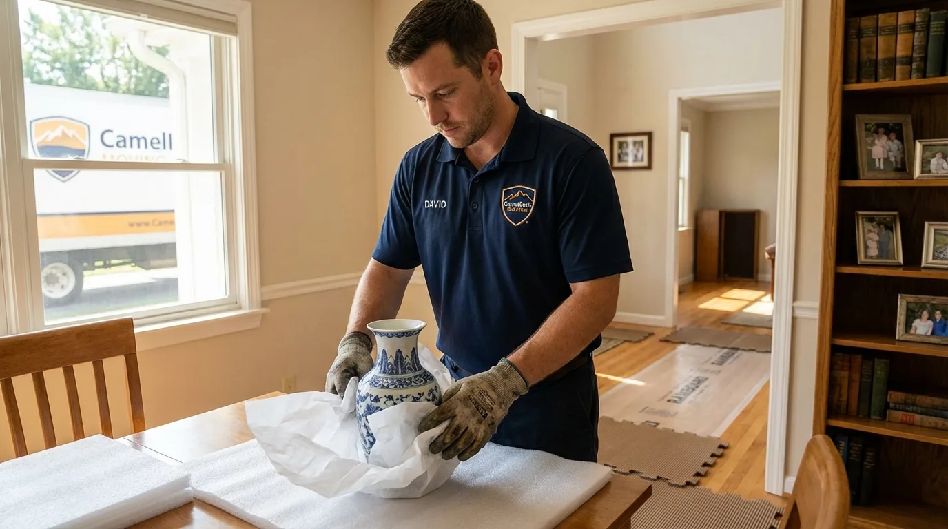 Professional crew carefully wrapping antique vase for senior downsizing move in Ridgeland, SC